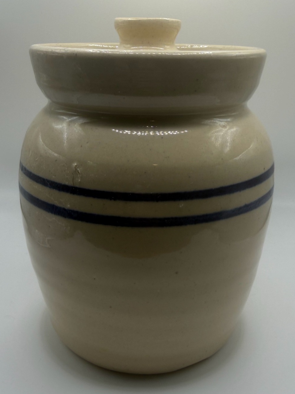 Vintage Blue Stripe Lidded Crock Pottery- Small Farmhouse Stoneware